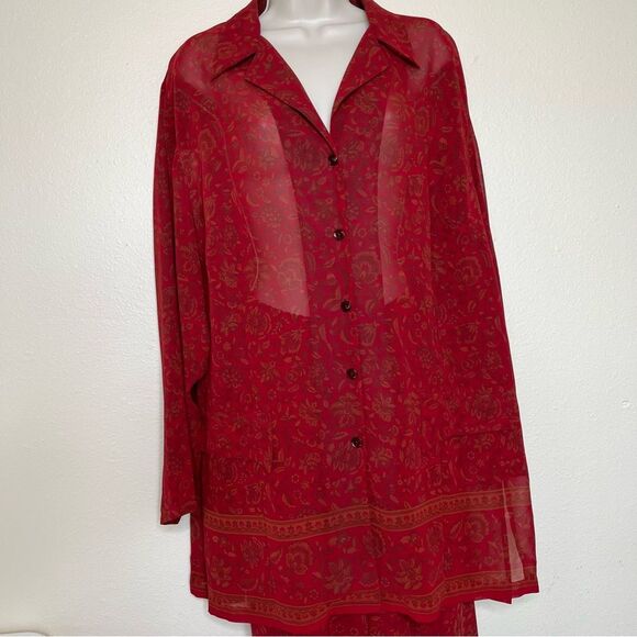 Lane Bryant Chiffon Red Floral Tunic Button Front Elastic Pant Set Women 14 16 - Picture 3 of 16